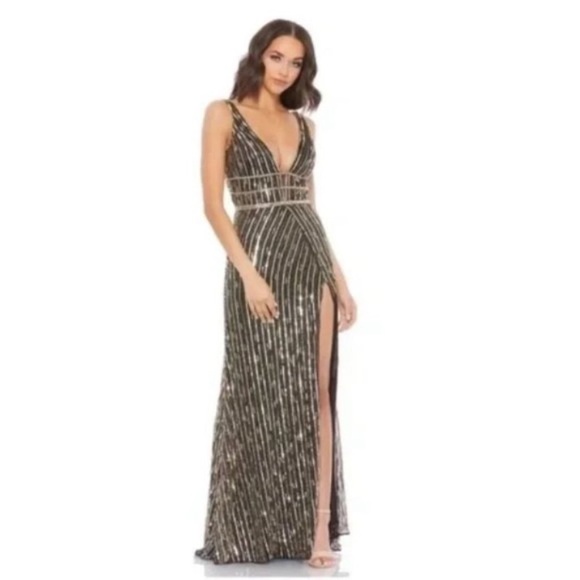 MAC DUGGAL Stripe Sequin Plunge Column Gown in Black Gold Size US 14 - Picture 1 of 8